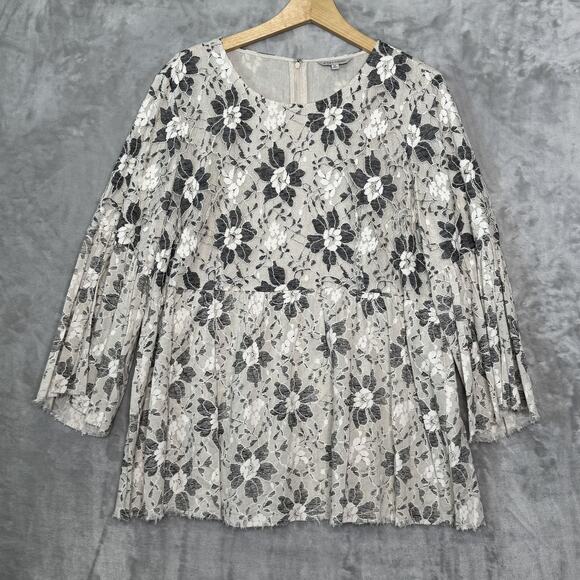 John Mark Blouse Womens XL Tan Black White Floral Lace Bell Sleeve Raw Hem Boho - Picture 1 of 11